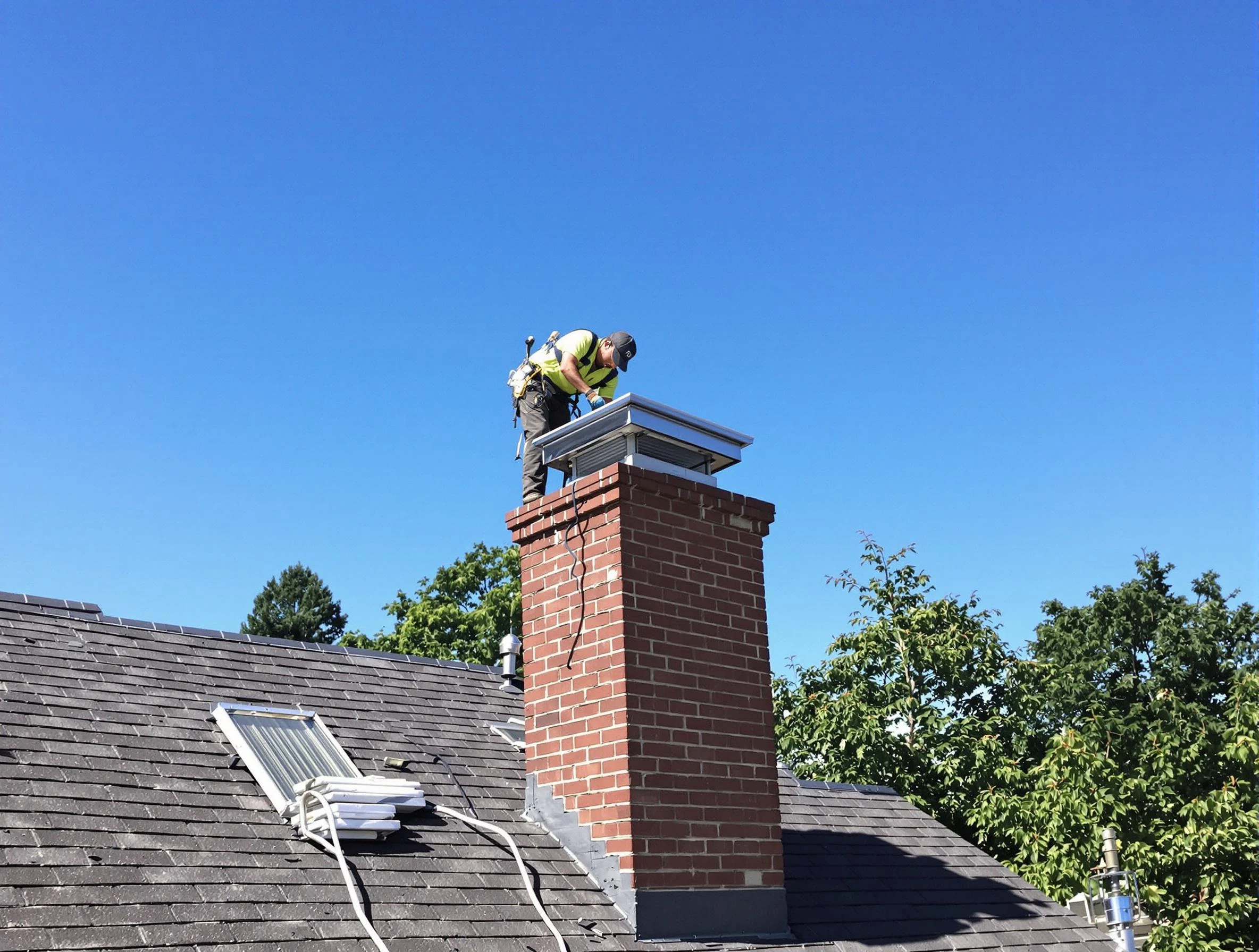 Anthem Chimney Sweep technician measuring a chimney cap in Anthem, AZ